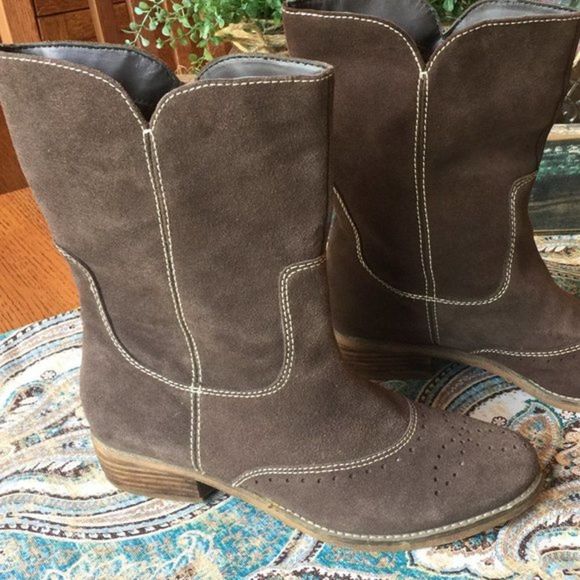 American Eagle Suede Leather Cowboy Boots Oxford Toe Brown Size 8 - Picture 1 of 16